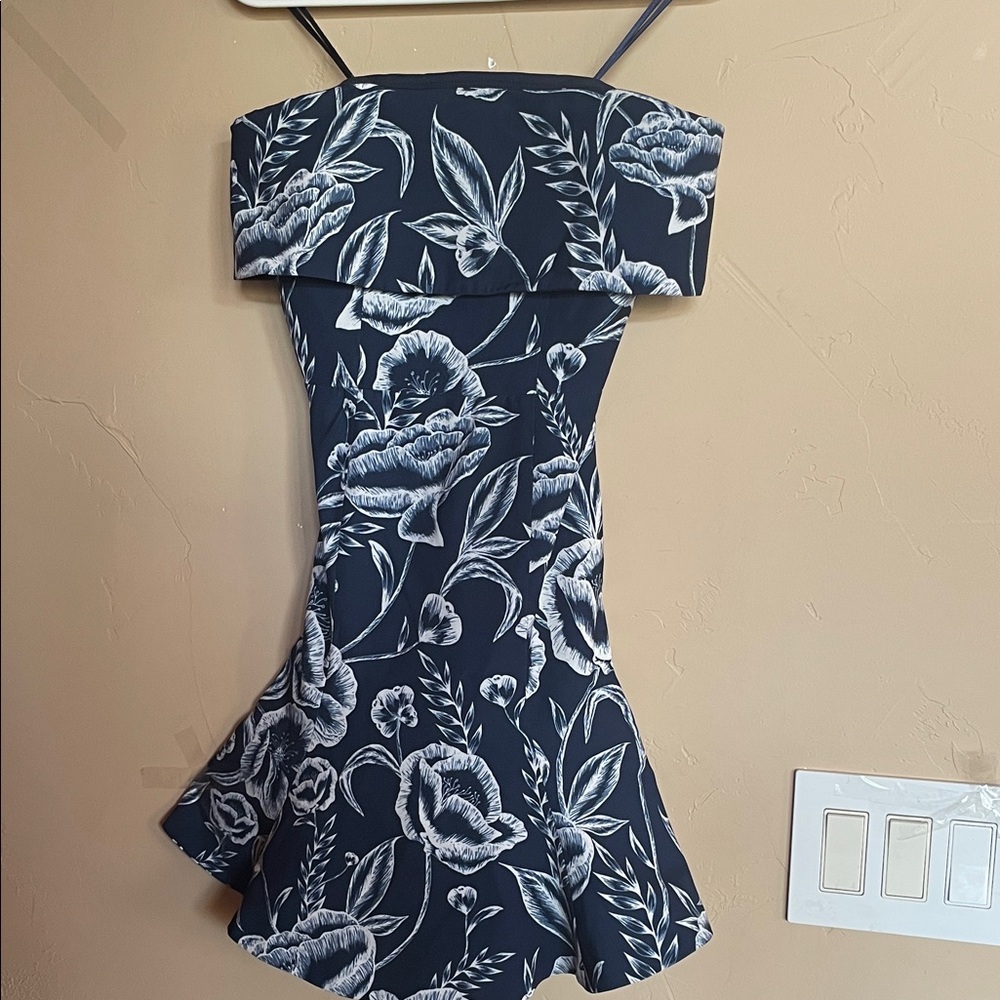 C/MEO Collective Navy and White Strapless Floral Fit-&-Flare Dress